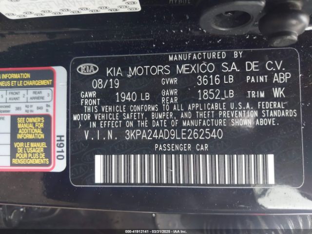 3KPA24AD9LE262540 KIA RIO S