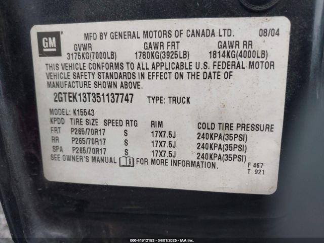 2005 GMC SIERRA 1500 2GTEK13T351137747 Photo 8