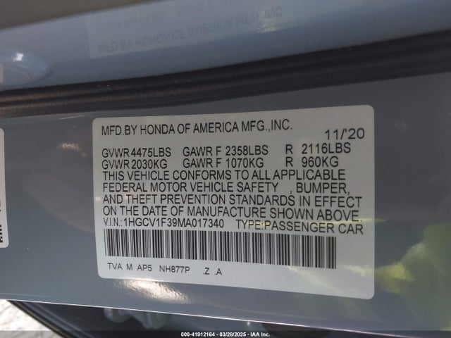 1HGCV1F39MA017340 Honda Accord Sport