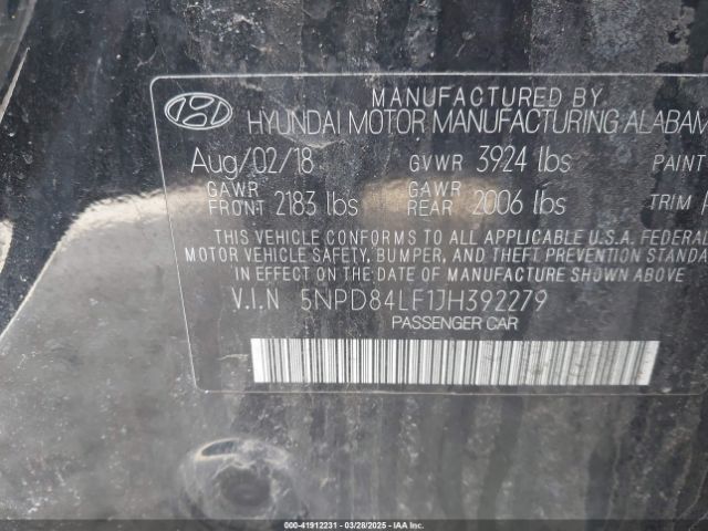 5NPD84LF1JH392279 Hyundai ELANTRA SEL