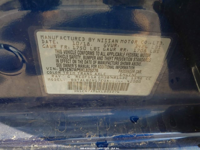 3N1CN7AP6KL825276 Nissan Versa 1.6 Sv