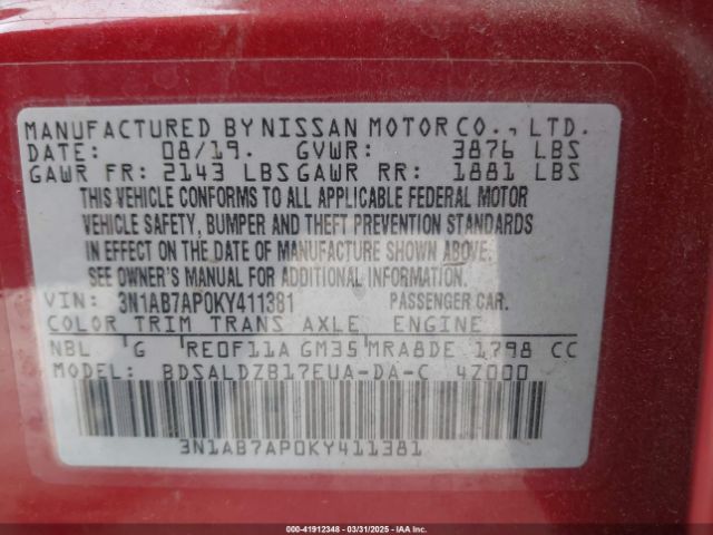 3N1AB7AP0KY411381 Nissan SENTRA SV