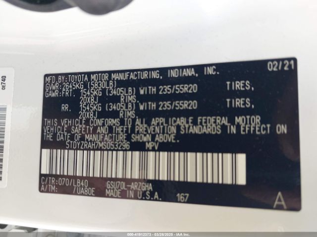 5TDYZRAH7MS053296 Toyota Highlander Limited