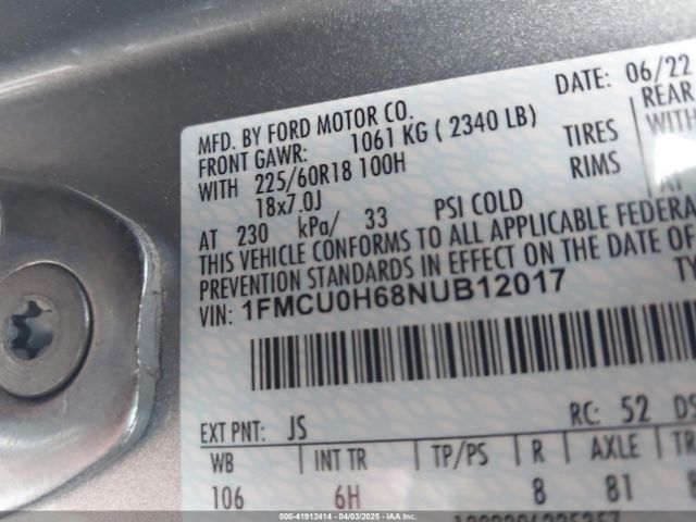 1FMCU0H68NUB12017 Ford ESCAPE SEL