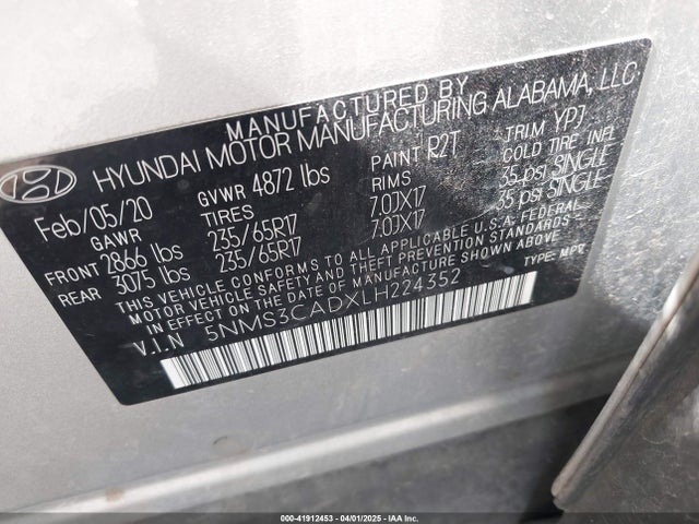5NMS3CADXLH224352 Hyundai Santa Fe Sel