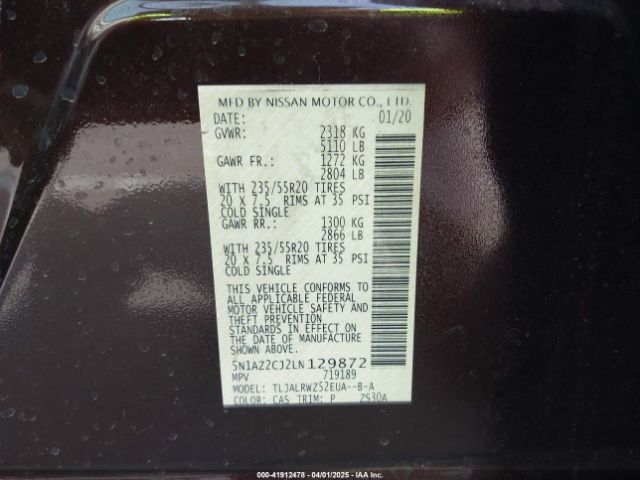 5N1AZ2CJ2LN129872 Nissan Murano Sl Fwd