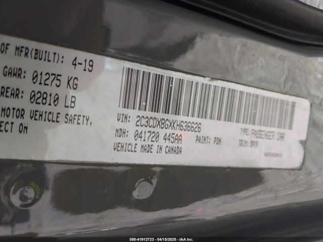 2C3CDXBGXKH636626 Dodge Charger Sxt Rwd