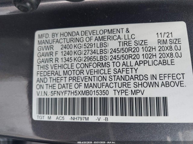 5FNYF7H5XMB015350 Honda Passport 2wd Ex-l