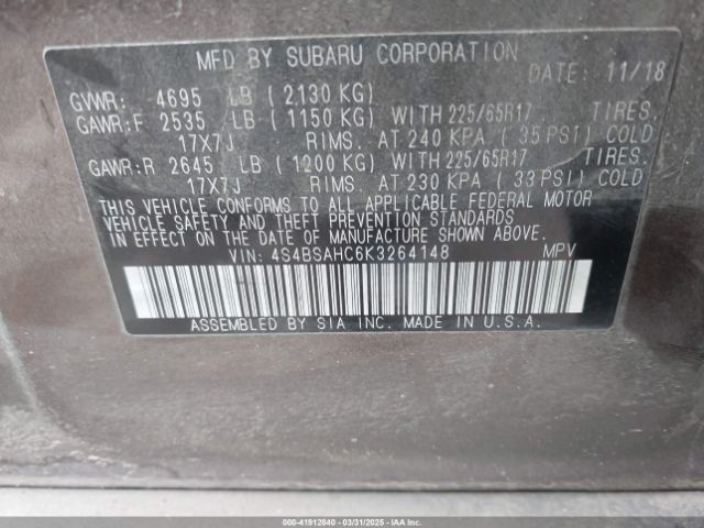 4S4BSAHC6K3264148 Subaru Outback 2.5i Premium