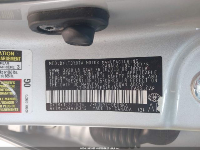 2015 TOYOTA COROLLA 2T1BURHE7FC451927 Photo 8