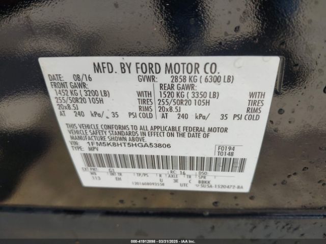 1FM5K8HT5HGA53806 Ford Explorer Platinum
