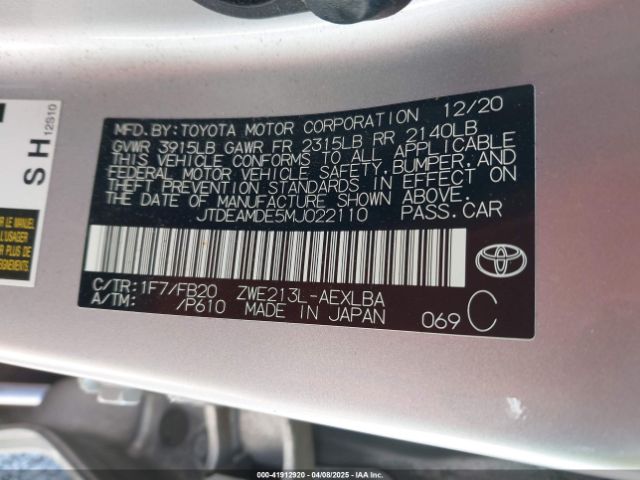 JTDEAMDE5MJ022110 Toyota Corolla Hybrid Le