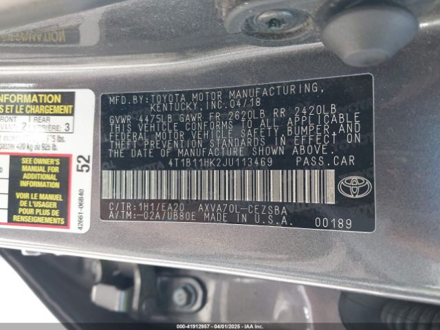 4T1B11HK2JU113469 Toyota CAMRY SE