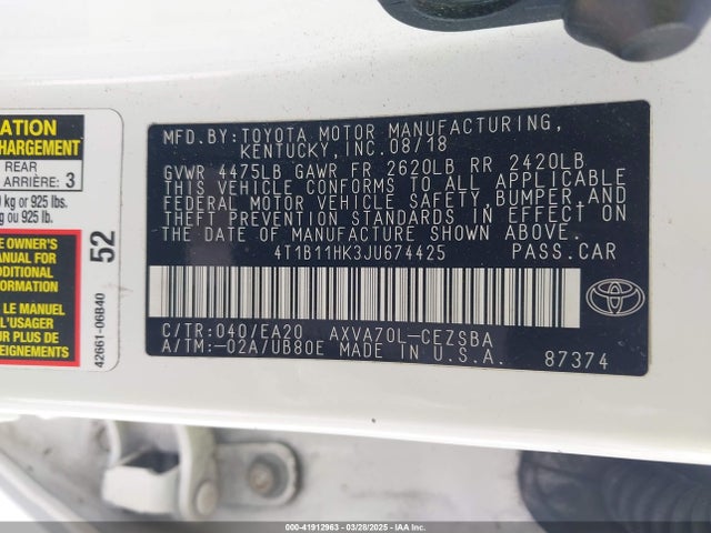 4T1B11HK3JU674425 Toyota CAMRY SE
