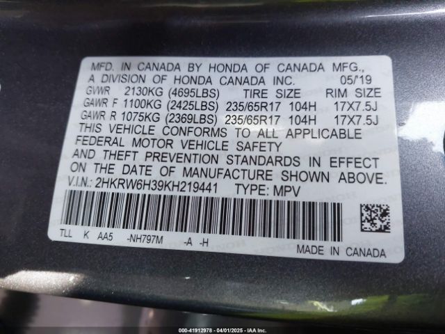 2HKRW6H39KH219441 Honda CR-V LX