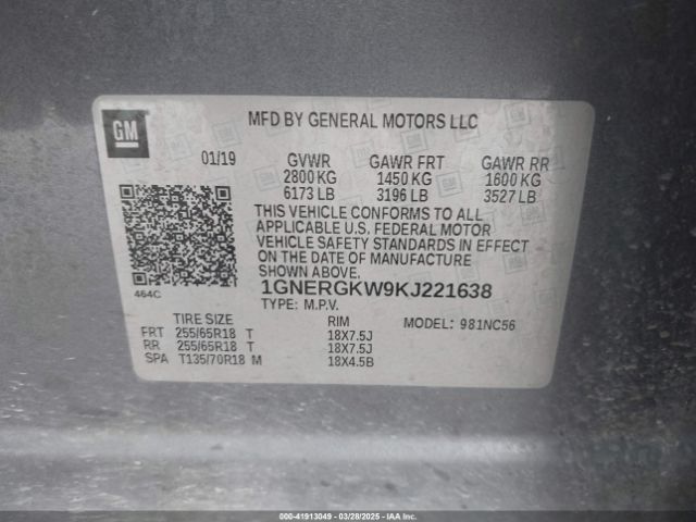 1GNERGKW9KJ221638 Chevrolet Traverse 1lt