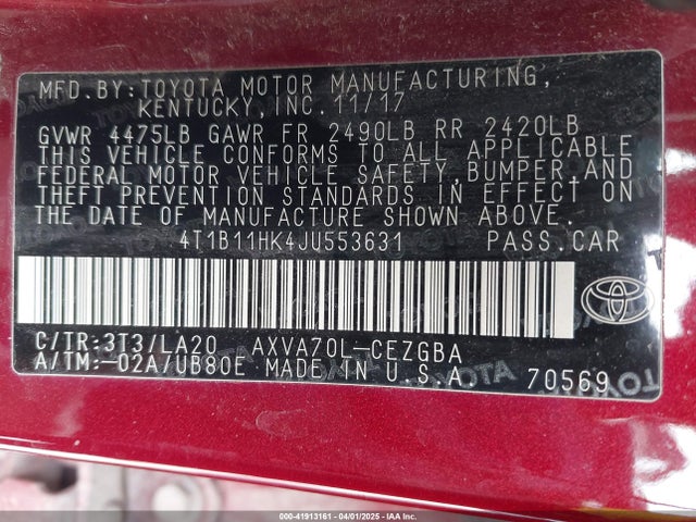4T1B11HK4JU553631 Toyota CAMRY XLE
