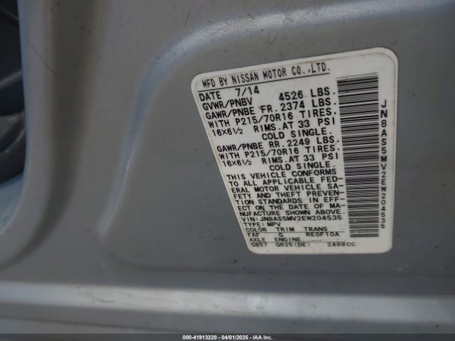 JN8AS5MV2EW204535 Nissan Rogue Select S