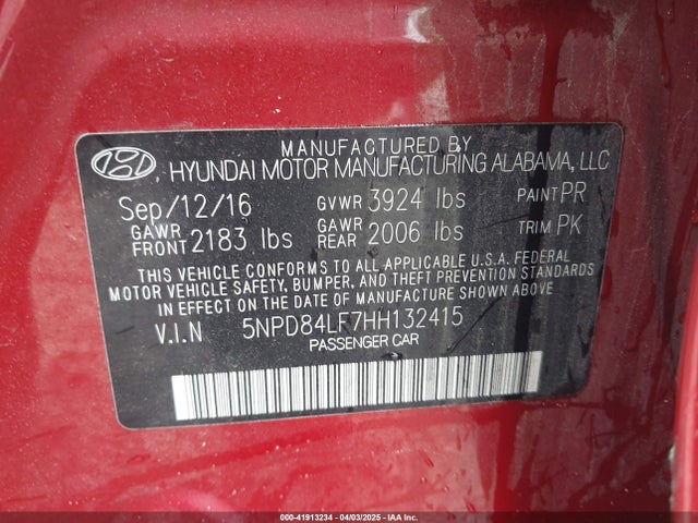 5NPD84LF7HH132415 Hyundai ELANTRA SE