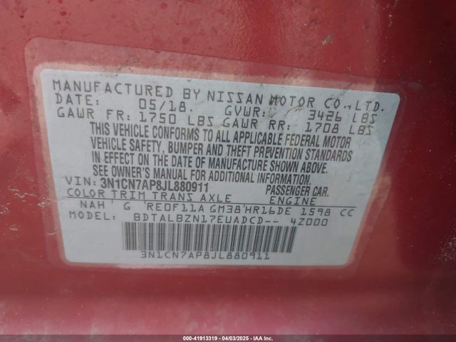 3N1CN7AP8JL880911 Nissan Versa 1.6 Sv