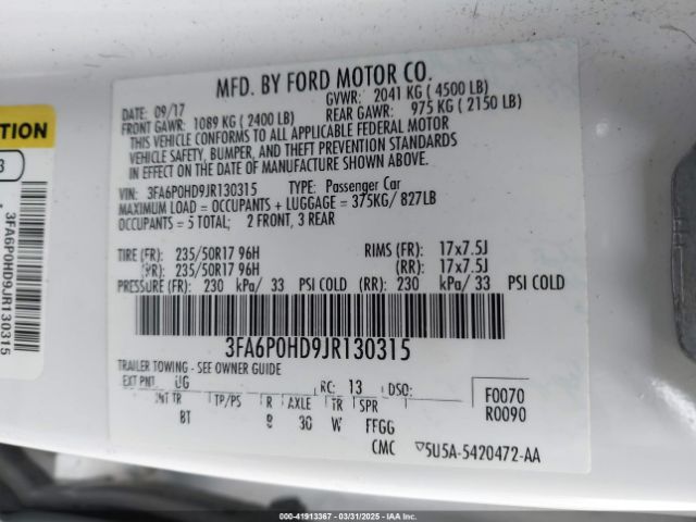 3FA6P0HD9JR130315 Ford FUSION SE