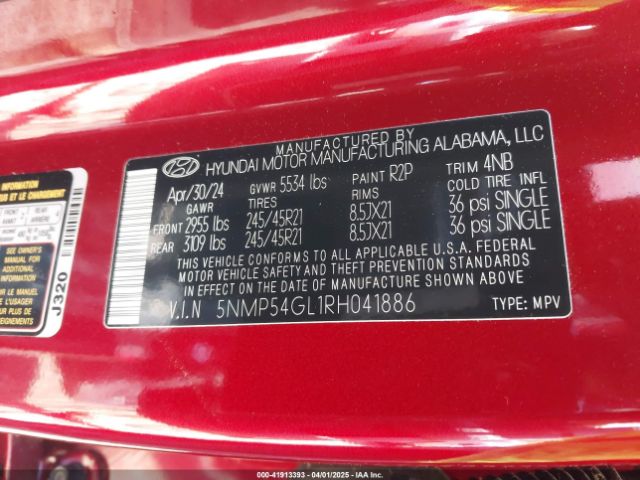 5NMP54GL1RH041886 Hyundai Santa Fe Calligraphy