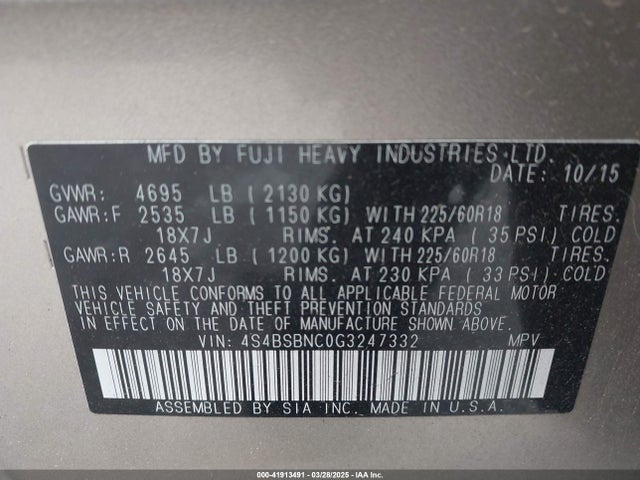 4S4BSBNC0G3247332 Subaru Outback 2.5i Limited