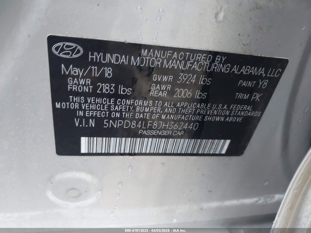 5NPD84LF8JH362440 Hyundai ELANTRA SEL