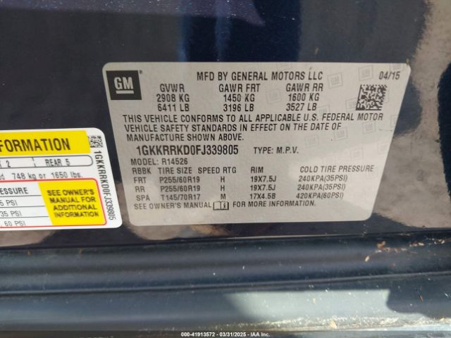 1GKKRRKD0FJ339805 GMC Acadia Slt-1