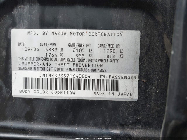 Aukcja sprzedaży 2007 Mazda Mazda3 S Sport, vin: JM1BK323571640804, numer aukcji: 41913603