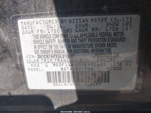 3N1CN7APXGL910497 Nissan Versa 1.6 Sv