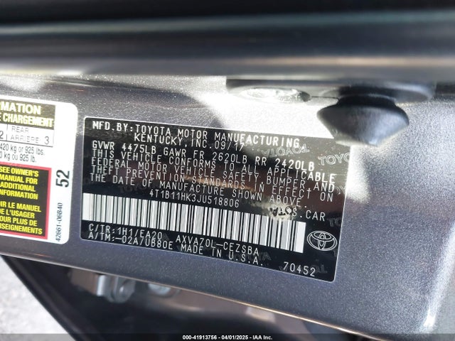 4T1B11HK3JU518806 Toyota CAMRY SE