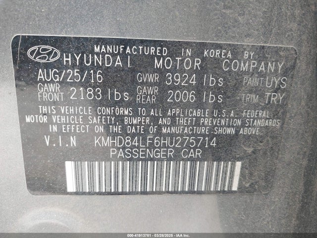 KMHD84LF6HU275714 Hyundai Elantra Value Edition