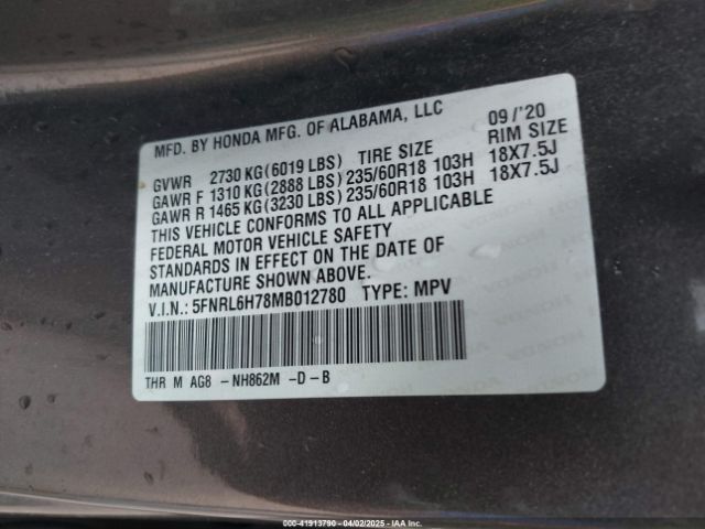 5FNRL6H78MB012780 Honda Odyssey Ex-l