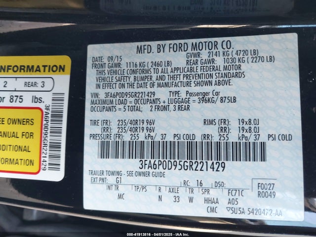 Ford Fusion Titanium 2016 3FA6P0D95GR221429 Image 9