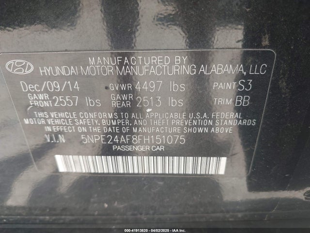 5NPE24AF8FH151075 Hyundai SONATA SE
