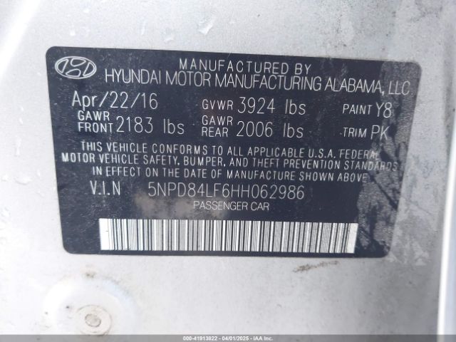 5NPD84LF6HH062986 Hyundai ELANTRA SE