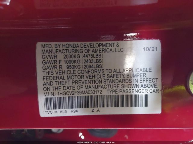1HGCV2F39MA033172 Honda Accord Sport 2.0t