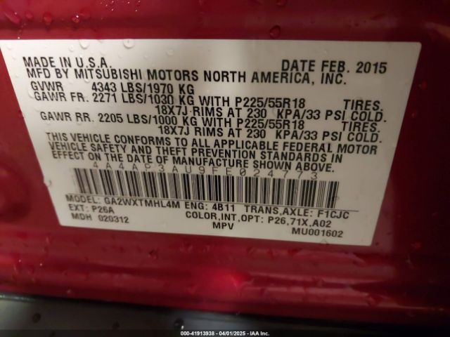 4A4AP3AU9FE024773 Mitsubishi Outlander Sport Es