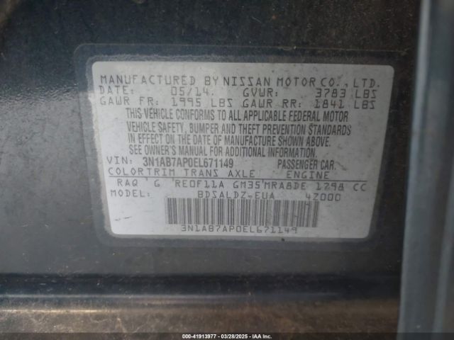 3N1AB7AP0EL671149 Nissan Sentra Fe+ S/fe+ Sv/s/sl/sr/sv