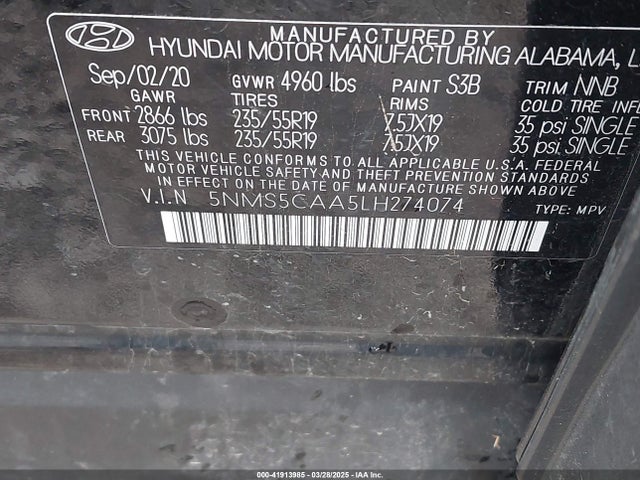 5NMS5CAA5LH274074 Hyundai Santa Fe Limited 2.0t