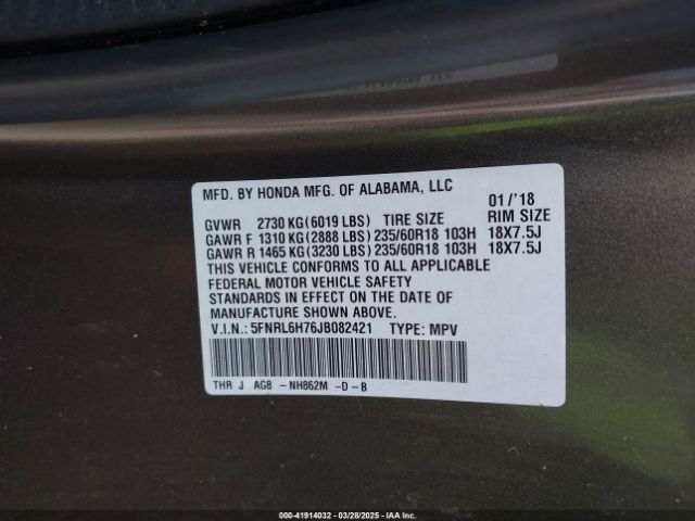 5FNRL6H76JB082421 Honda Odyssey Ex-l
