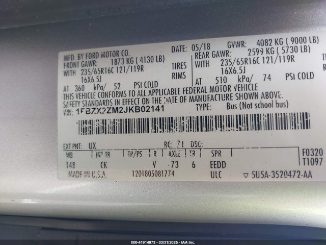 1FBZX2ZM2JKB02141 Ford Transit-350 Xlt