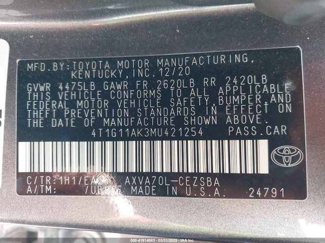 4T1G11AK3MU421254 Toyota CAMRY SE