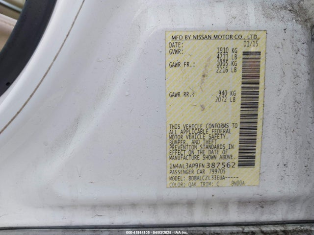 1N4AL3AP9FN387562 Nissan Altima 2.5/2.5 S/2.5 Sl/2.5 Sv