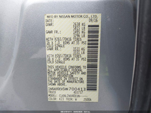 1N6AD0EV5HN700413 Nissan Frontier Pro-4x/s/sl/sv