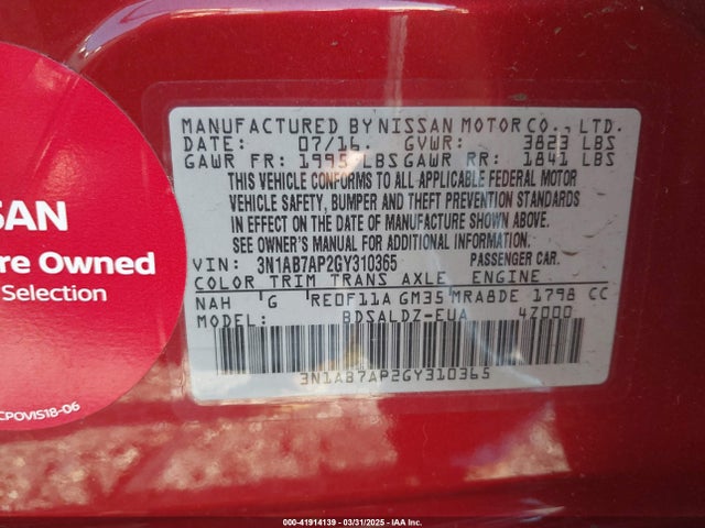 3N1AB7AP2GY310365 Nissan SENTRA SV