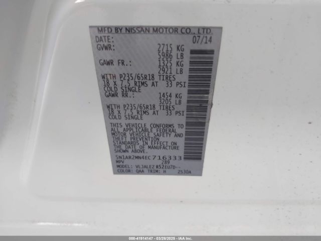 5N1AR2MN4EC716333 Nissan Pathfinder Sv