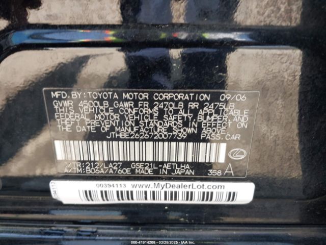 2007 LEXUS IS 350 JTHBE262672007739 Photo 8