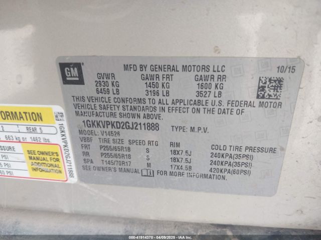 1GKKVPKD2GJ211888 GMC Acadia Sle-2